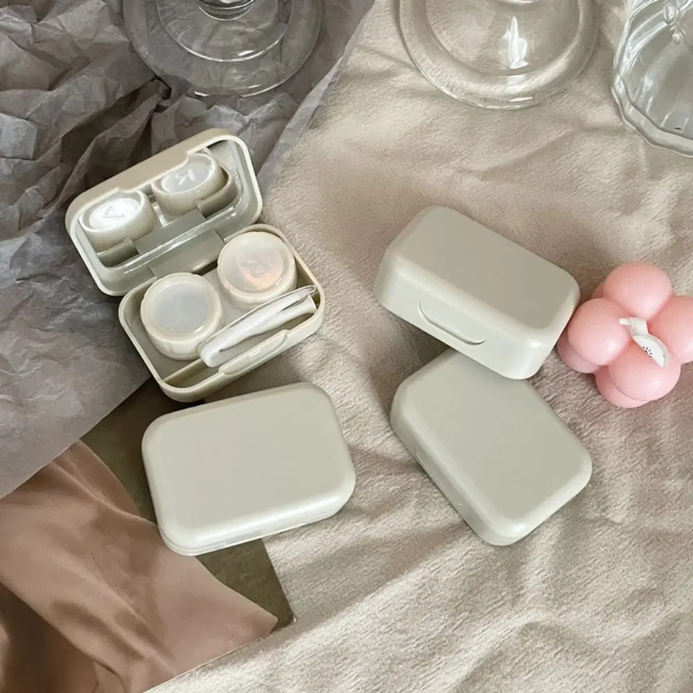 Macaron Color Contact Lens Case Kit with Tweezers and Suction Stick Mini Square Contact Lens Inserter with Mirror Solid Color