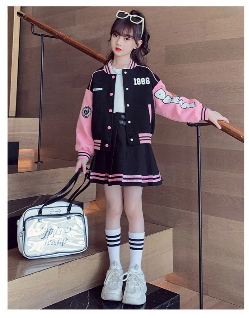 Girl Baseball Clothes Sets Spring Autumn Kids Sports Suit Children Jacket Pleated Skirt 2Pcs Teen Fashion Student Uniform Outfit