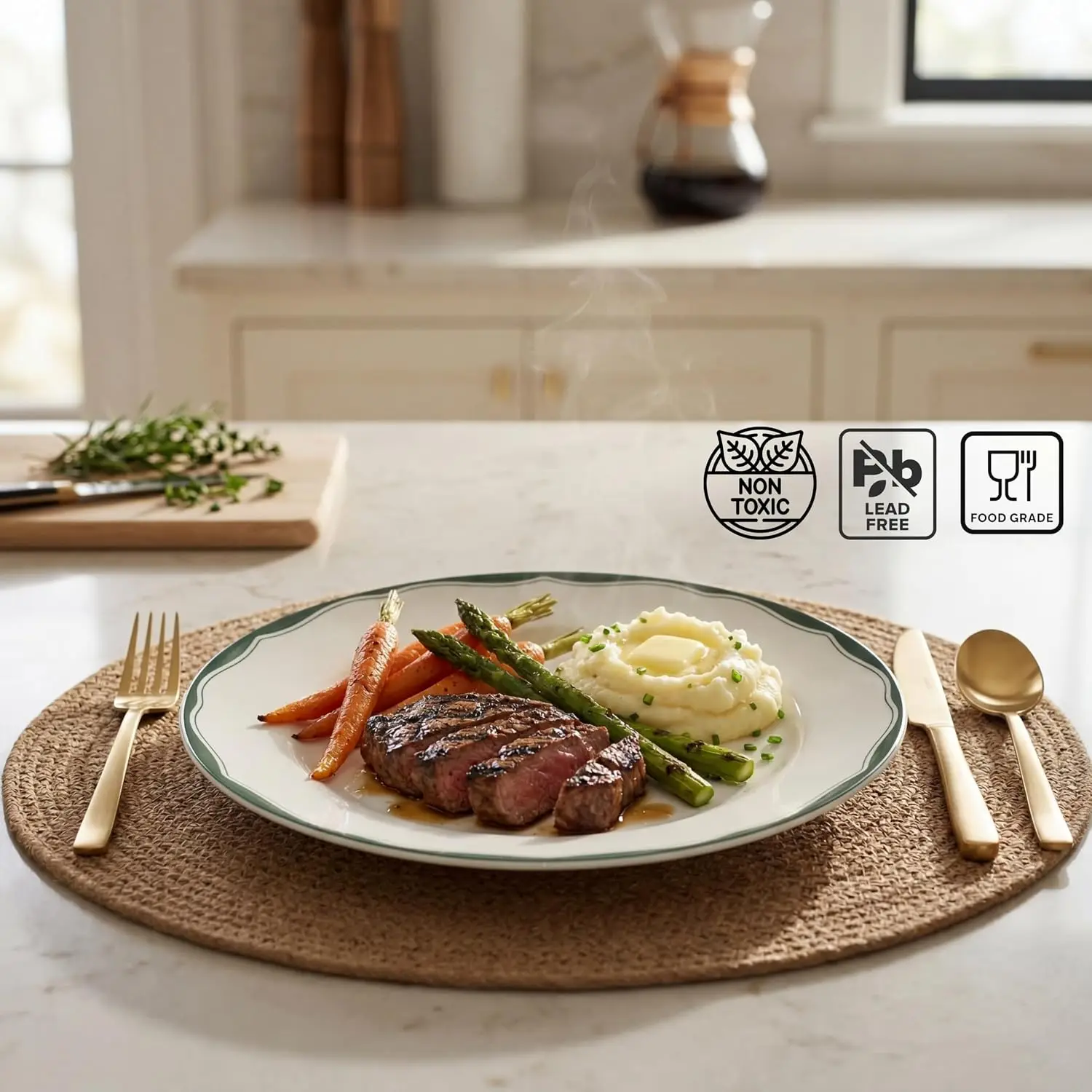 12-Piece Porcelain Dinnerware Set, Service for 4, Glossy Ceramic Plates and Bowls in White & Sage Green, Detailed Floral Design, Microwave & Dishwasher Safe Dining Dishes