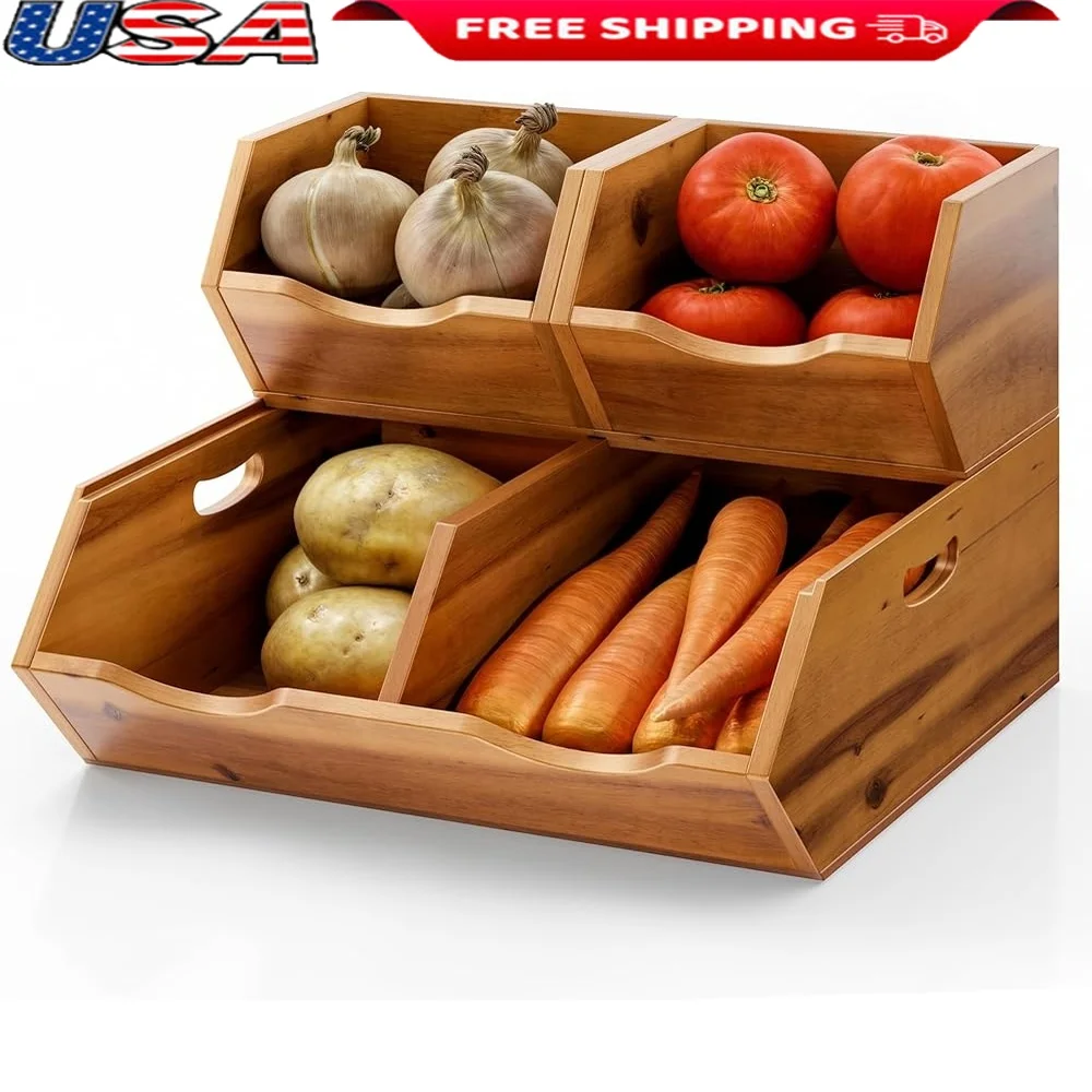 

Acacia Wood Storage Bins Set of 3 Stackable Baskets Food Kitchen Bathroom Organization Fruit Vegetable Non-Skid Design