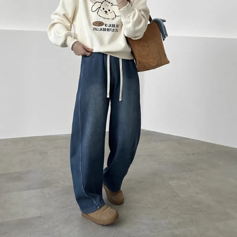 

Новые осенне-зимние плюшевые плотные джинсы-клеш с высокой талией для женщин, свободные и удобные широкие брюки