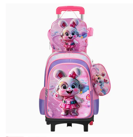 New 3D PU Leather backpack Elementary School Student Nylon Fabric 3 pcs Set Children's Rolling Backpack with Lunch Bag for girls
