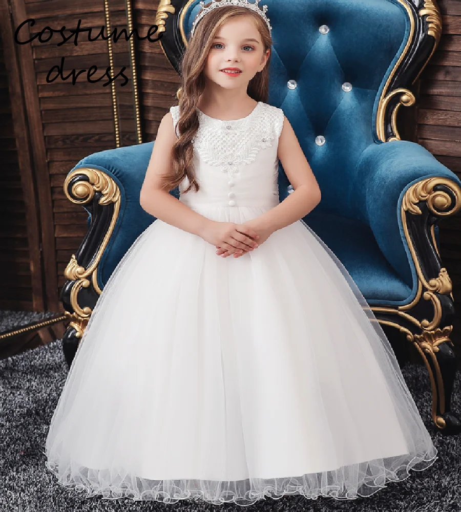 

Белое платье принцессы с цветочным узором для девочек, 2026, кружевное детское свадебное платье трапециевидной формы с круглым вырезом, детское платье-пачка в корейском стиле, первая общественная святая вечеринка