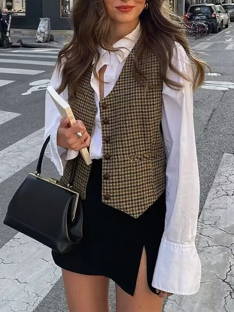 Women 2024 Fashion Streetwear Houndstooth Print Brown Long Vest Girls Casual V-Neck Single Breasted Sleeveless Tops Outwear