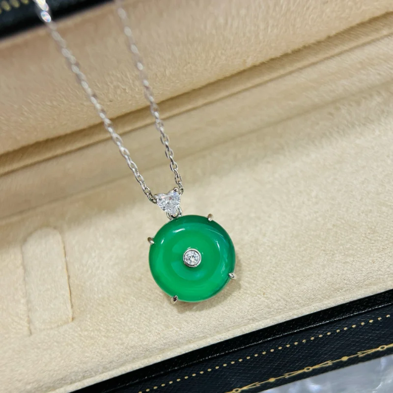 S925Sterling Silver Green Chalcedony Peace Buckle Necklace Women's Light Luxury High-Grade Bingyang Emerald New Chinese Style Tr