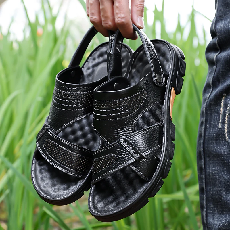 

Новые мужские кожаные сандалии, летние кожаные нескользящие мужские туфли, шлепанцы, уличная обувь на толстой подошве, пляжные туфли, мужские сандалии