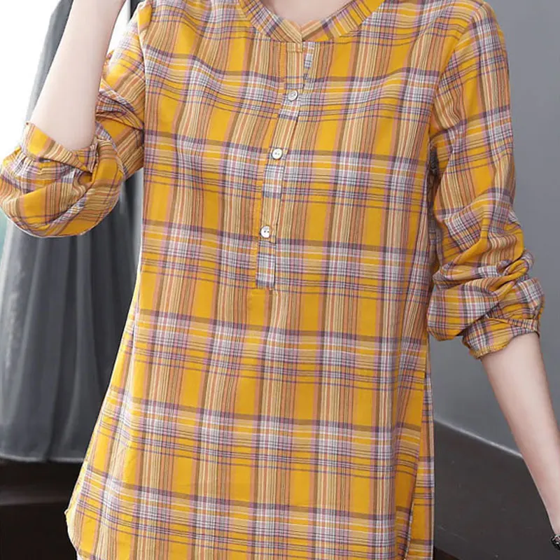 2023 Casual Plaid Printed Round Neck Midi Shirt Spring Autumn Button Female Clothing Long Sleeve All-match Loose Commute Blouse