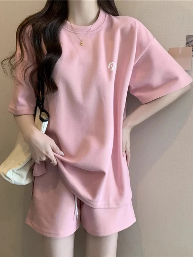 

Женский летний спортивный костюм: свободная повседневная одежда для бега, тонкая верхняя одежда, модный студенческий комплект из двух предметов