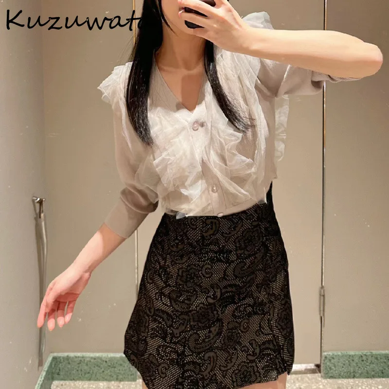 Kuzuwata 2024 Japanese V Neck Pull Femme Knitted Pullover Ruffles Mesh Patchwork Solid Color Jumpers Long Sleeve Slim Sweaters