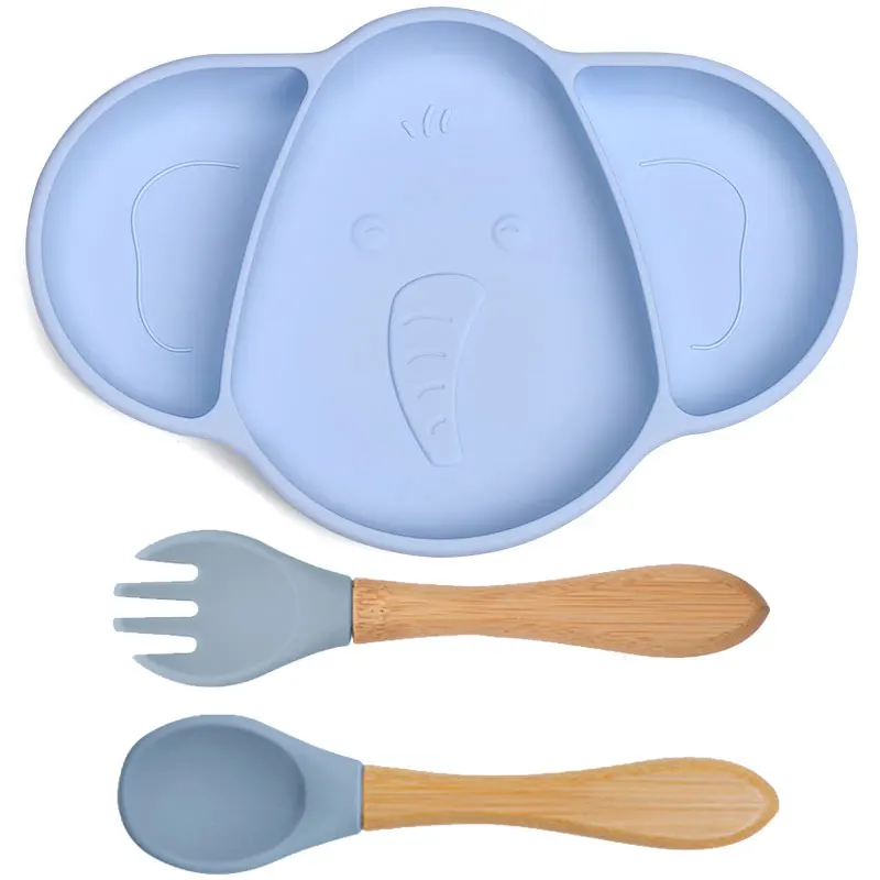 

3PCS Baby Dining Plate Cartoon Elephant Silicone Shape Spoon Fork Set Bpa Free Children's Tableware Soft Silicone Food Plates