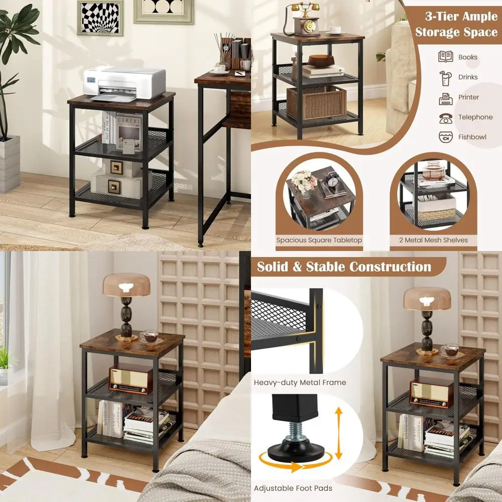 

2-Piece Industrial-Style Telephone Side Tables with Mesh Shelves, Metal Frame, 16 Inch Square, Rustic Brown for Home
