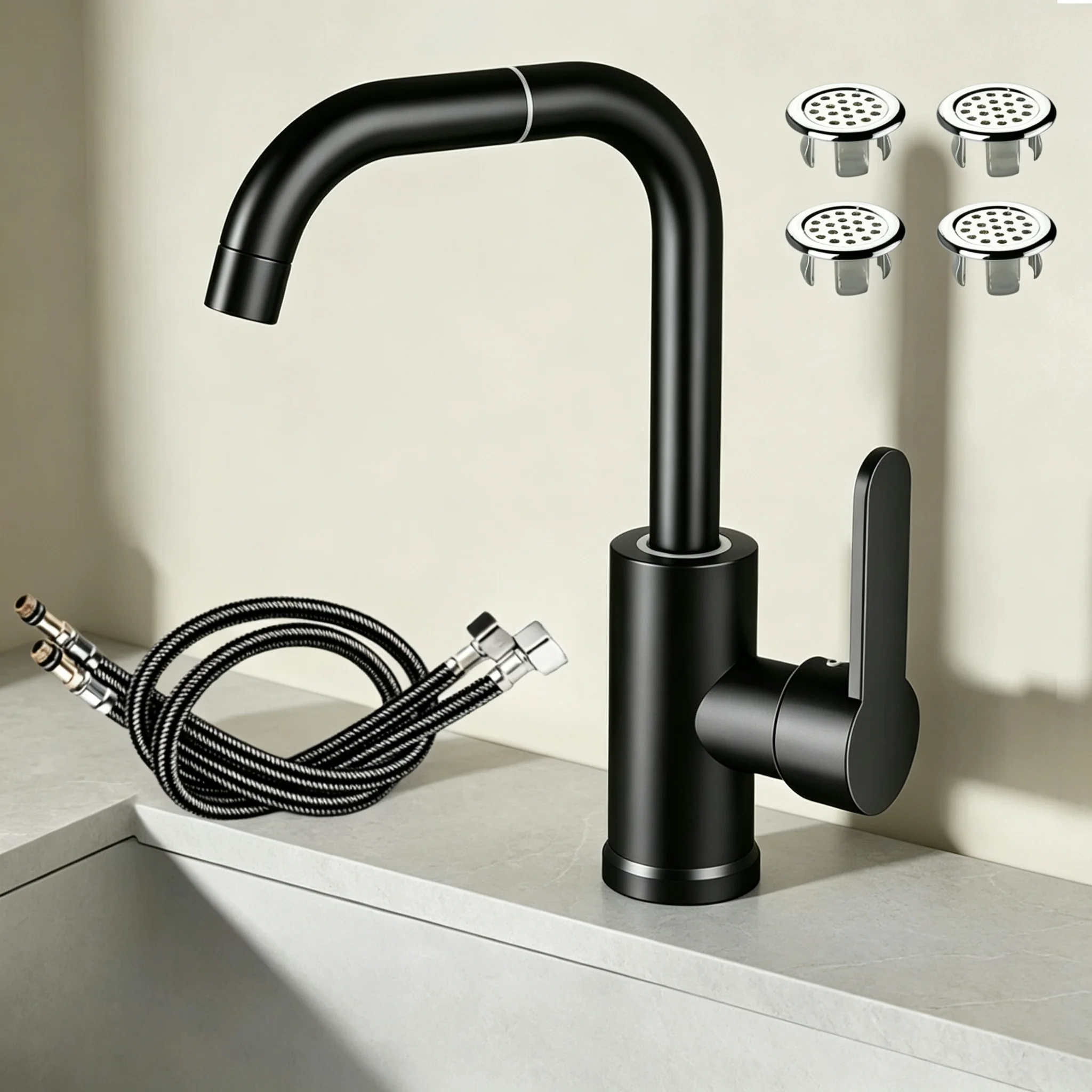 360° Rotatable Dual-Use Mixer Tap Hot Cold Bathroom Kitchen Faucet with 2 Water Hoses and 4Pcs Sink Overflow Rings for Home Use