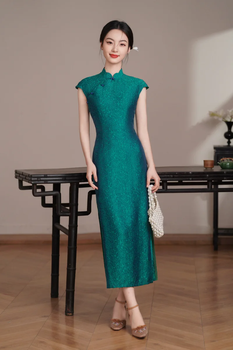 

Chinese Rose Jacquard Satin Qipao Young Cheongsam Summer Women's Daily Qipao Improvement Long Qipao