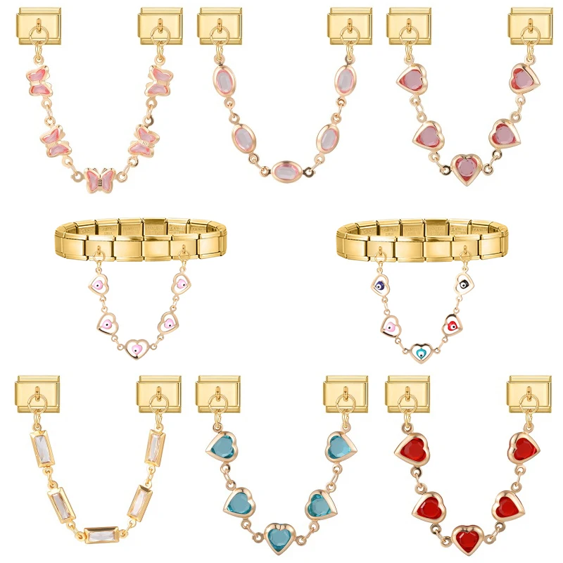 Nouveau coeur yeux fleurs papillon chaîne dorée gland lien de charme italien ajustement 9mm Bracelet en acier inoxydable bricolage fabrication de bijoux cadeau