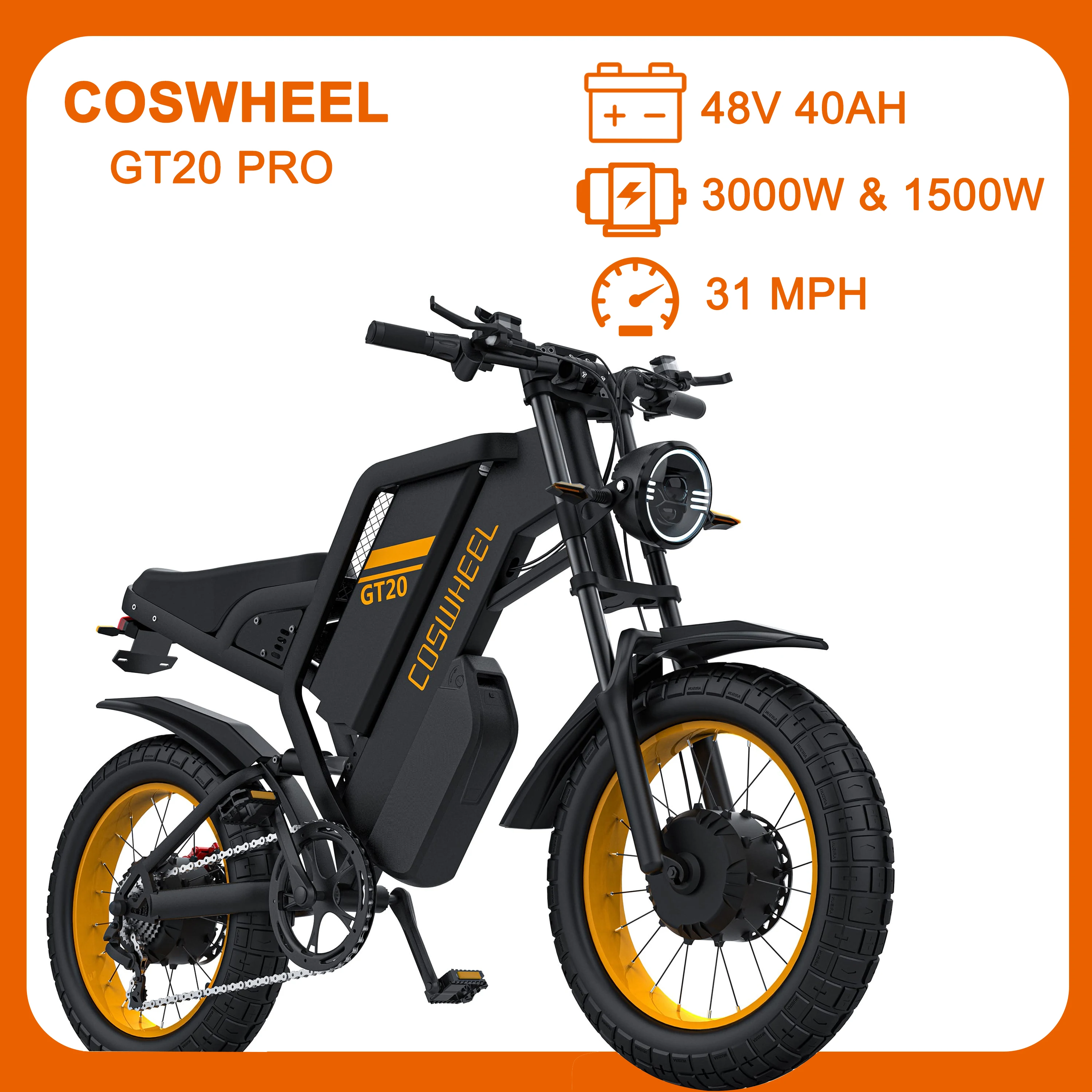 

Электровелосипед для взрослых COSWHEEL GT20 PRO, двухмоторный 1500 Вт (пиковая мощность), легкий электровелосипед 50 км/ч, аккумулятор 48В40Ач