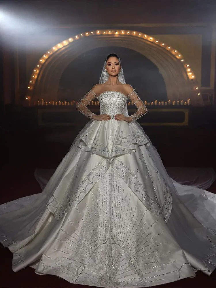 

Elegant Ball Gown Wedding Dresses Sleeves Bateau Sequins Ruffles Beads Appliques Diamonds Satin Bridal Gowns Vestina De Novia