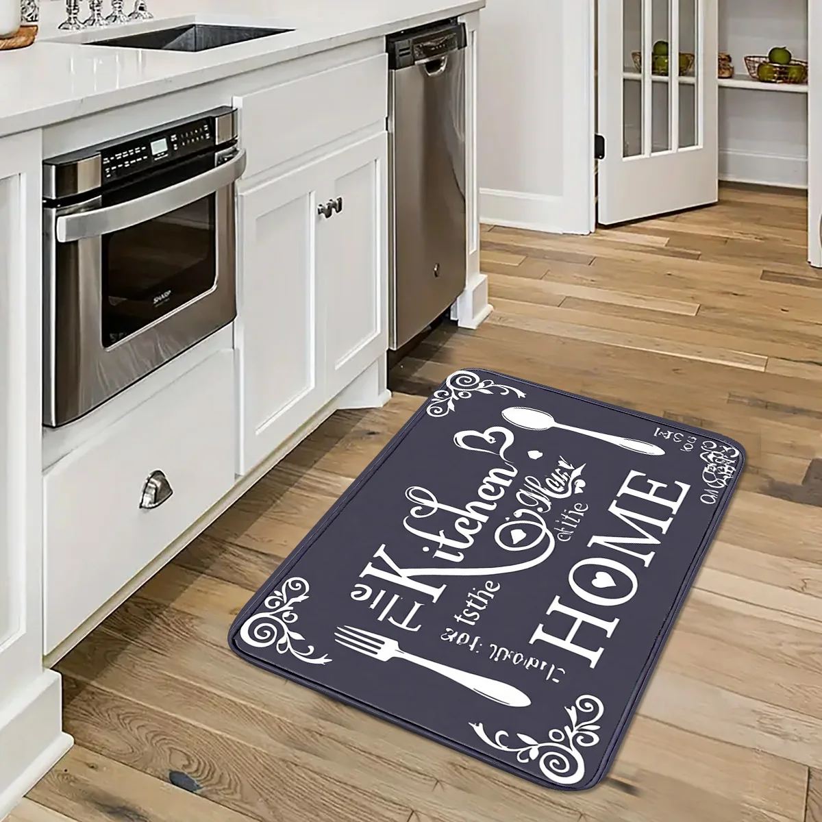 A Deep Gray Vintage Carved Kitchen Home Kitchen Floor Mat, Non-Slip, Comfortable, Long and Stain-Resistant
