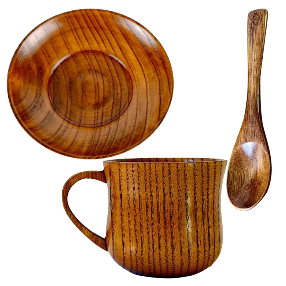

Handmade Wooden Cup Set Coffee Tea Mug Saucer Spoon Smooth Easy Clean Creative Exquisite Kitchen Barware
