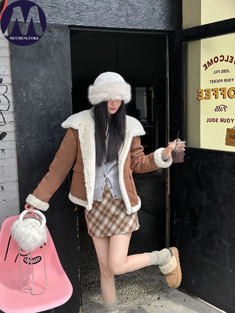 Damski płaszcz futrzany jesienno-zimowy imitacja futra norek kołnierz z futra krótka kurtka moda koreańska luźny krój pogrubiony ciepły płaszcz