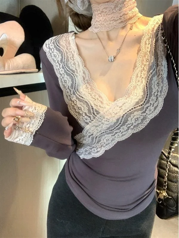 레이스 트림 V넥 브라드 베이스 여성 이너 디자인 슬림핏 퓨어 디자이어 롱 슬리브 초가을 시크 탑