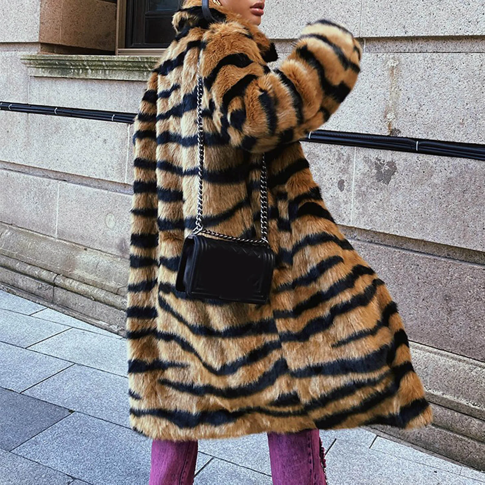 Tiger Print Fleece Jacket Womens Warm Long Sleeve Leopard Print Overcoat Faux Fur Outwear Thicken Korean Blazer Winter Coat