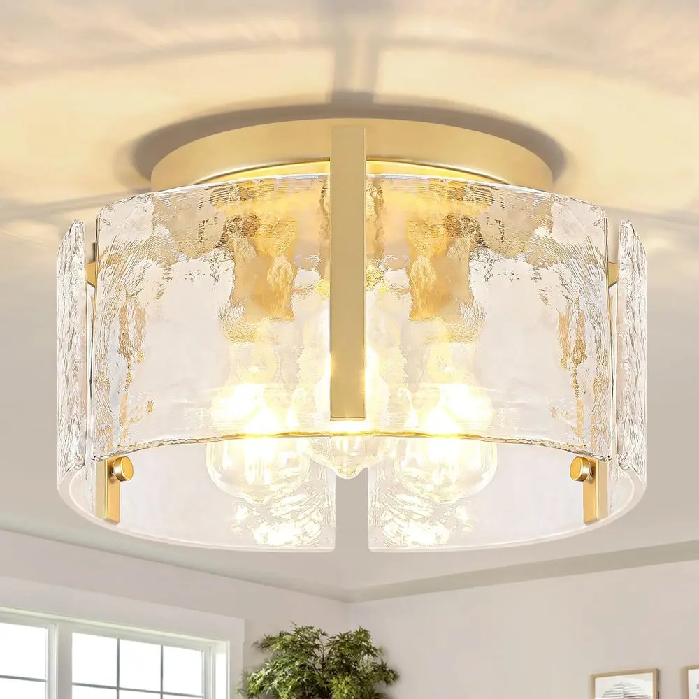 

15 Inch Gold Semi-Flush Mount Ceiling Light, 3-Light Glass Drum Fixtures for Hallway, Entryway, Kitchen Island, Dining Room, Lau