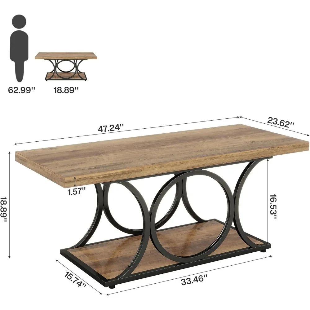 Mesa de centro rústica de granja de 47" - Mesa central rectangular de madera de 2 niveles para sala de estar