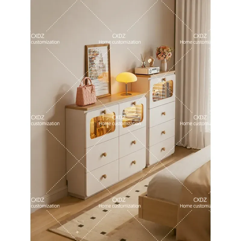 Log cream wind small apartment 25CM ultra-thin bucket cabinet bedroom bedside cabinet living room storage cabinet narrow