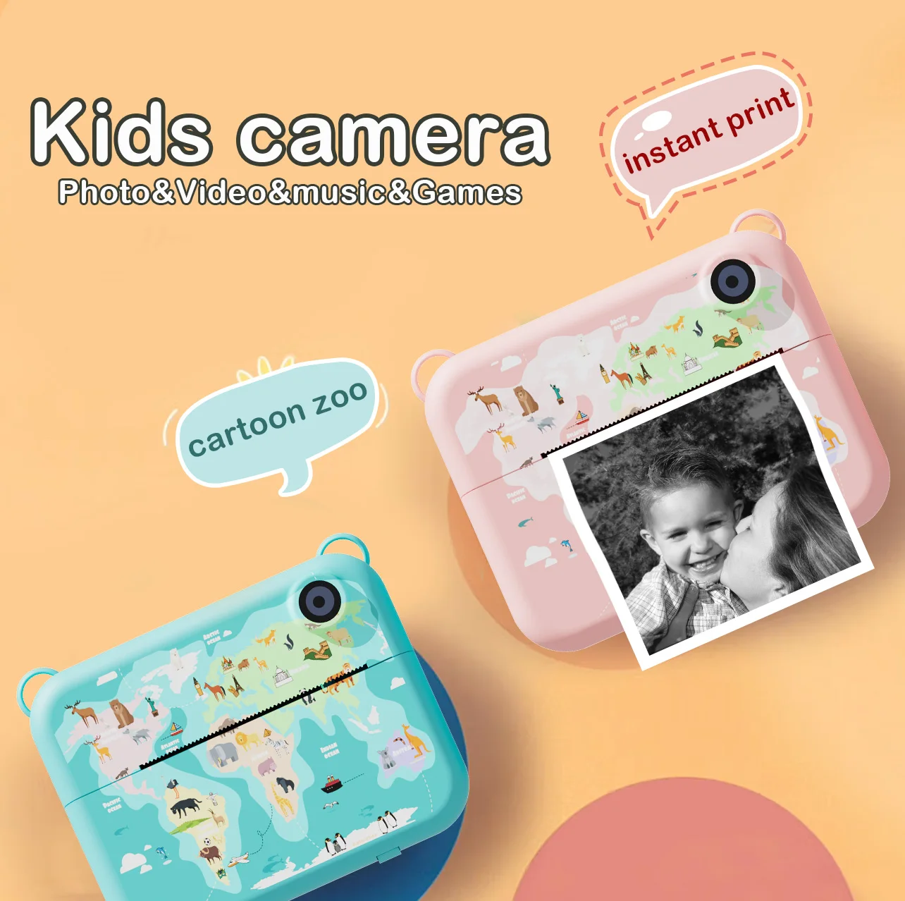 Kids Print Camera, 1080P HD Screen,1500mAh lithium battery USB charge Photo & Video & Game, Perfect Family Gathering Gifts