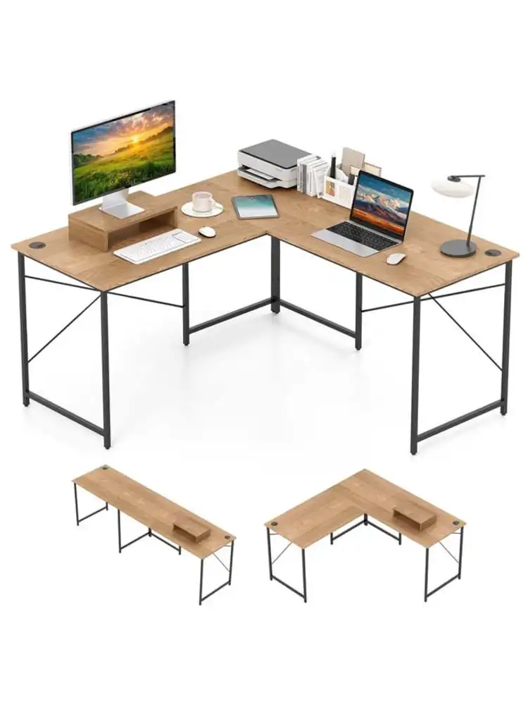L-förmiger Computertisch, umwandelbarer Eckschreibtisch mit abnehmbarem Monitorständer, naturfarbenes Finish