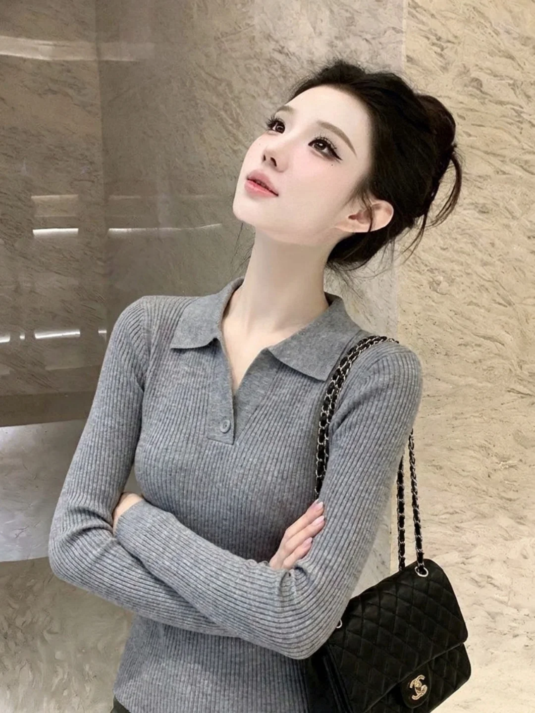 Korean Style Long Sleeve Knitted V-Neck T-Shirt Women's Slim Fit Poloshirt Soft Pure Color Commute Style Autumn Winter Top
