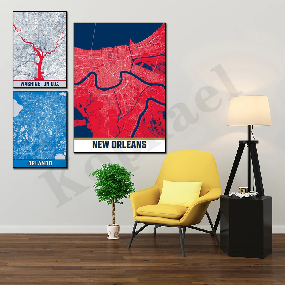 Houston Denver Washington Toronto Sacramento Phoenix Orlando Oklahoma ciudad de Nueva Orleans mapa de colores decoración de pared del hogar cartel
