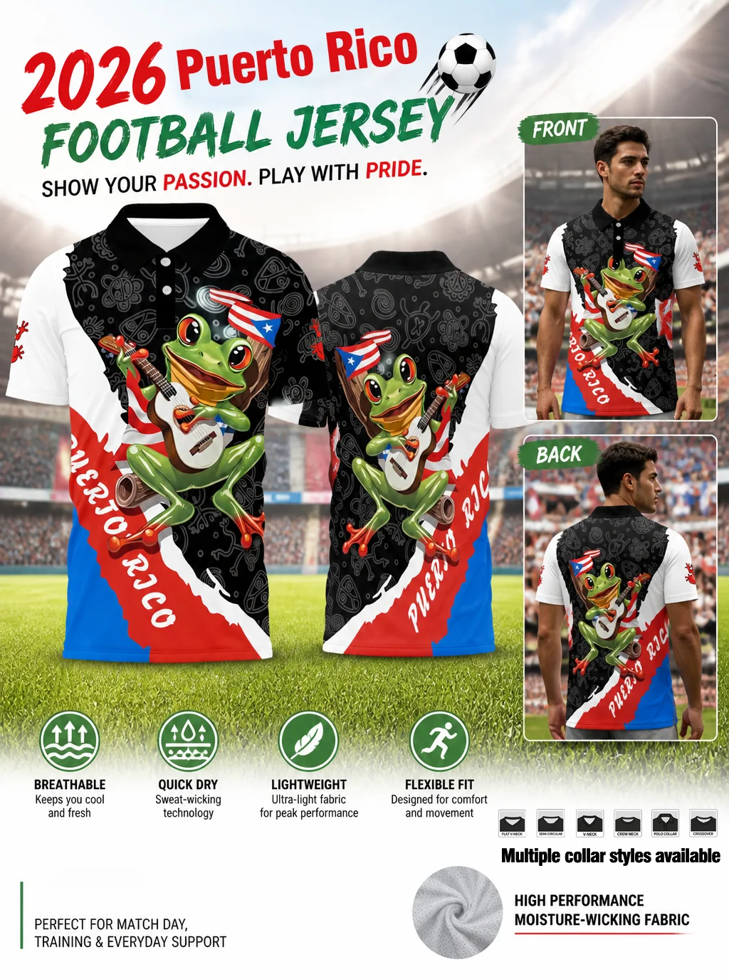 Stretchy flexible‑fit Puerto Rico national‑team polo top, six optional collar styles, distinctive ethnic pattern background