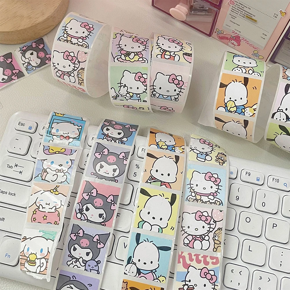 Rollo de pegatinas estéticas de dibujos animados para niños, calcomanías bonitas y divertidas, 200/500 piezas, Melody Kuromi, Kawaii, decoración