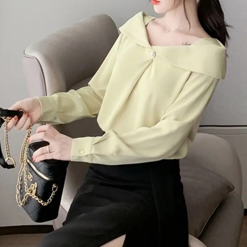 Spring Straight Neck Off Shoulder Fashion Basic Solid Color Chiffon Blouses Full Sleeve Top Elegant Office Shirts Lady Clothes