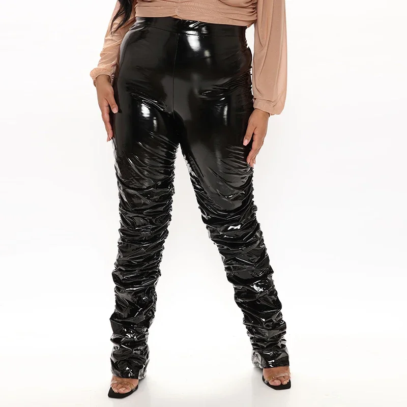 Plus Size High Waist Pleated Pants Women Sexy PU Leather Shirring Trousers Ladies Shiny Patent Leather Bodycon Leggings Custom