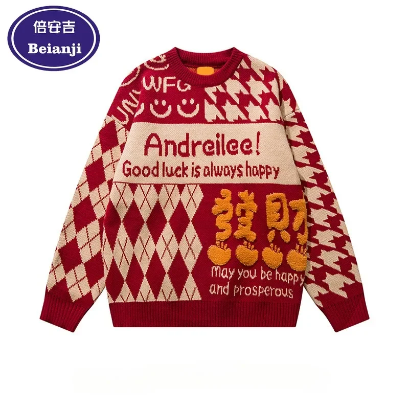 

Beianji sweater American hiphop creative flocking couple men autumn and winter design feeling lazy wind red knit sweater