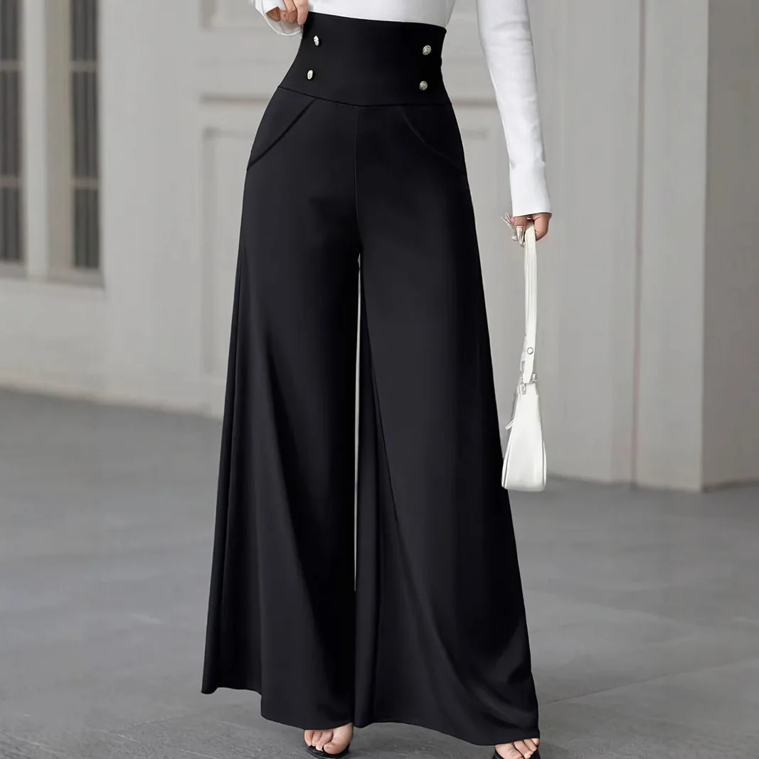 

Women's Fashionable and Elegant Solid Color Wide-Leg Pants for Spring and Autumn High Waisted Pants Office Commuting Trousers