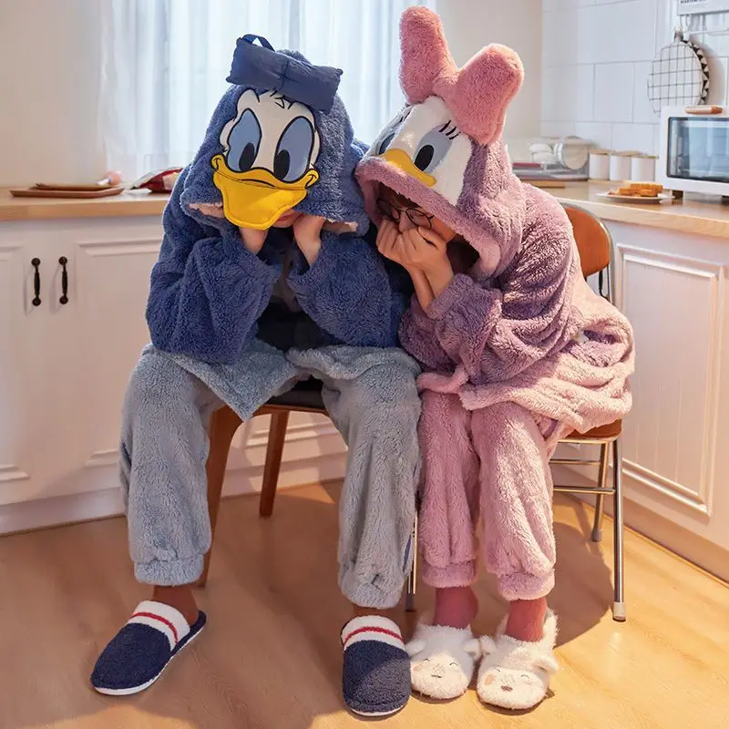 Cartoon Disney Couple Pajamas Donald Duck Winter Coral Fleece Hooded Pants Cotton Two-piece Set Male/Female Couple Pajamas