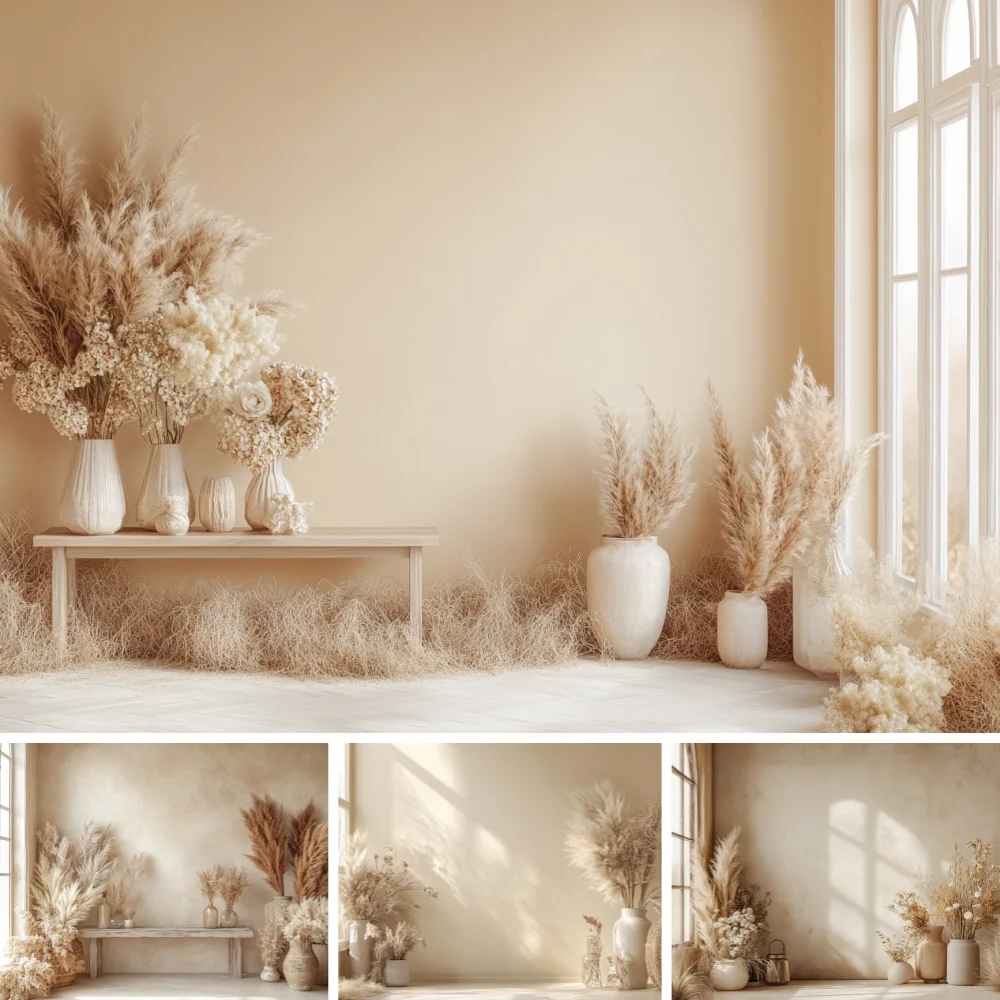 Boho Pampasgrass Floral White Vase Decoration Photography Background Decor Birthday Wedding Maternity Portrait Studio Backdrop