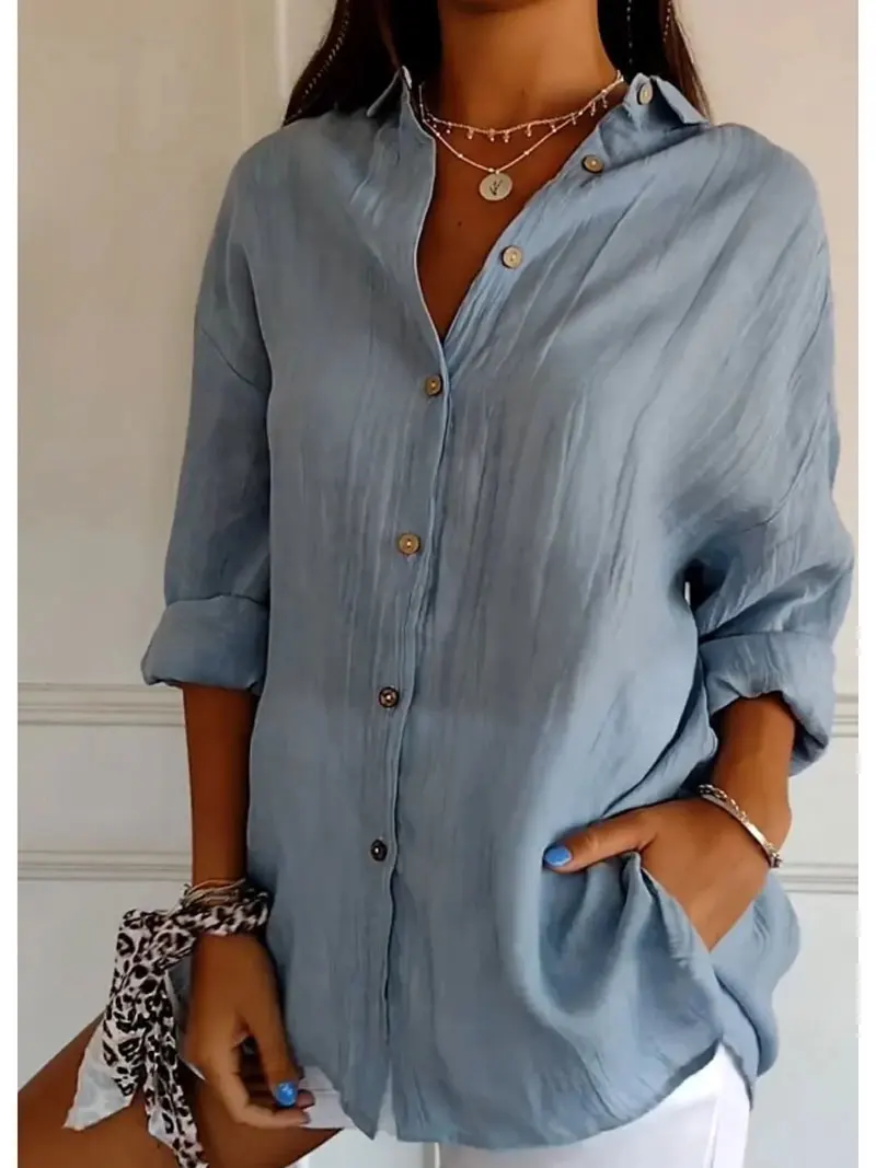 قميص نسائي ذو طية صدر السترة وأكمام طويلة بلون سادة كاجوال بصدر واحد موضة جديدة بني وأسود وأبيض قميص علوي بلوزات للإناث