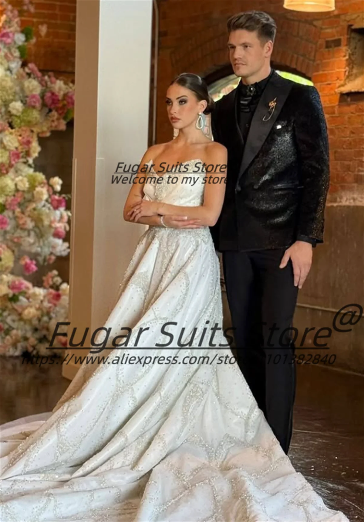 

Luxuly Black Shiny Men Suits Customized Slim Fit Double Breasted Groom Wedding Tuxedos 2 Pcs Sets Formal Prom trajes para hombre