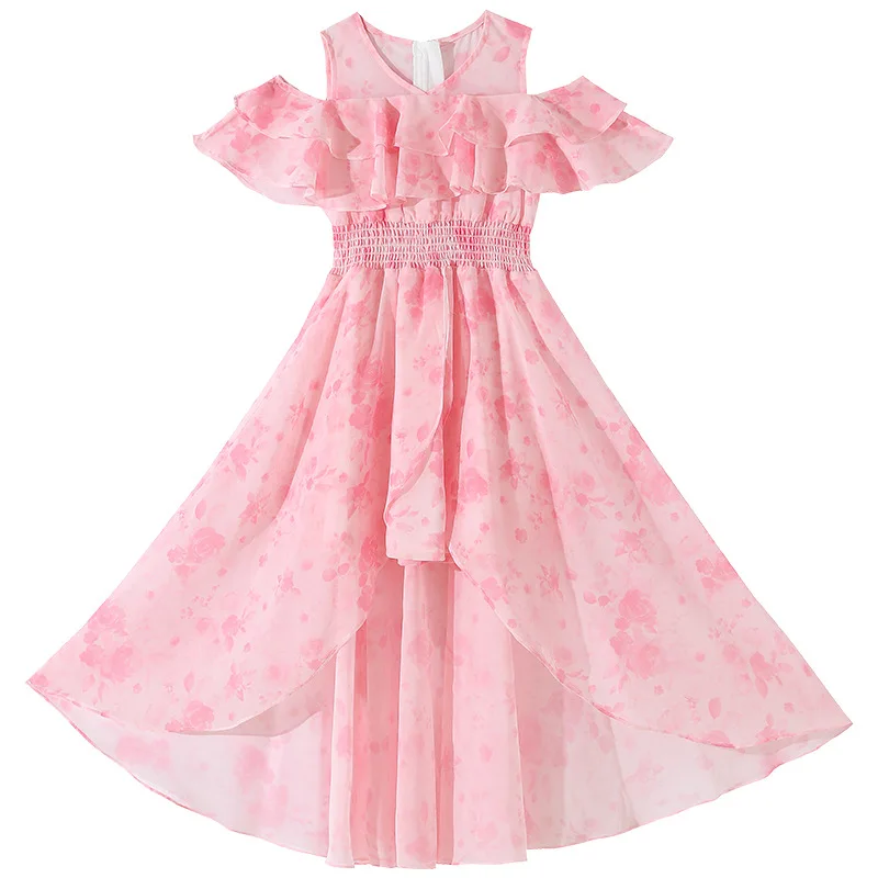 Tween Girl Dress Floral Chiffon High Low Dress Summer Cold Shoulder Ruffle Fairy Princess Boho Beach Party Maxi Dress Teen Kids
