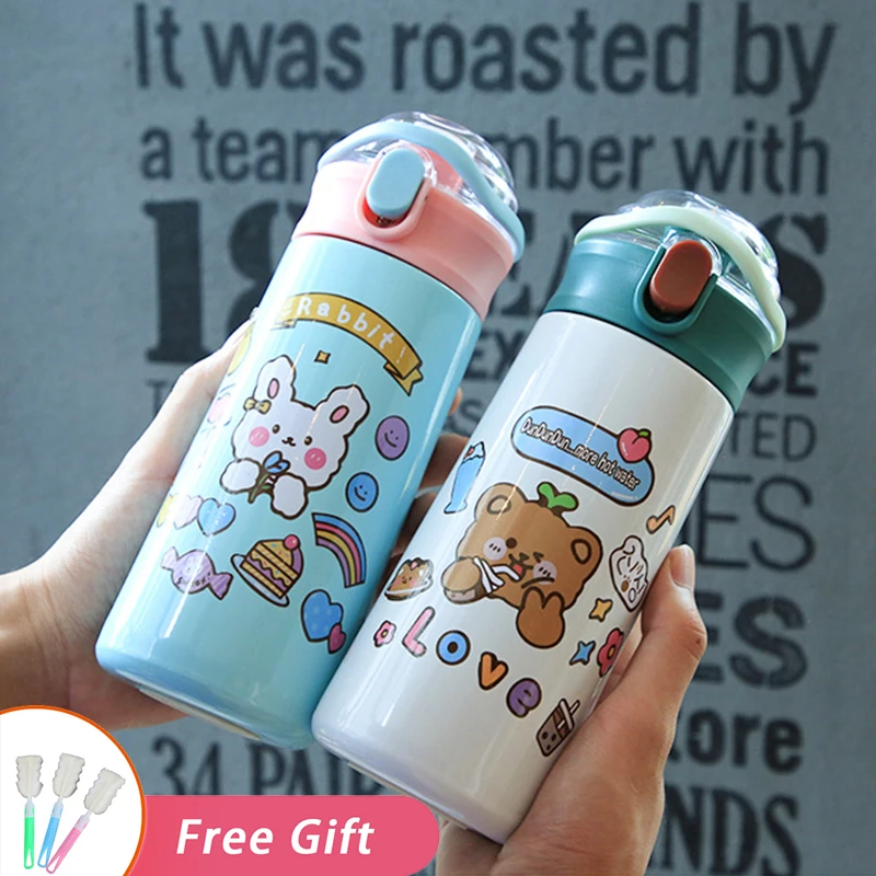 Double-Drink Tumbler Kawaii Kids Insulated Cups Cute Water Bottle For Girls Cartoon Portable Straw Thermos Coffee Vacuum Flasks