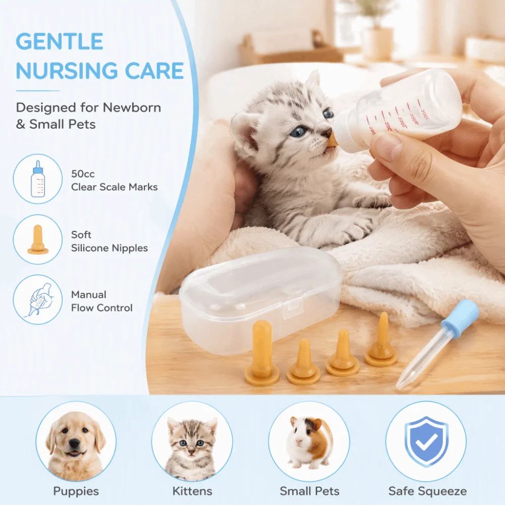 1 set ABS Bottle Pet Nurser Bottle Silicone Nipple 50ML Capacity Small Pet Nurser Bottle Body Scale Soft Mouth Feeding Tip