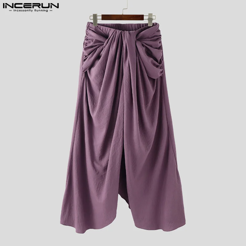 

INCERUN Men Skirts Pants Solid Color Pleated Elastic Waist Joggers Irregular Trousers Men Streetwear 2025 Vintage Casual Skirts