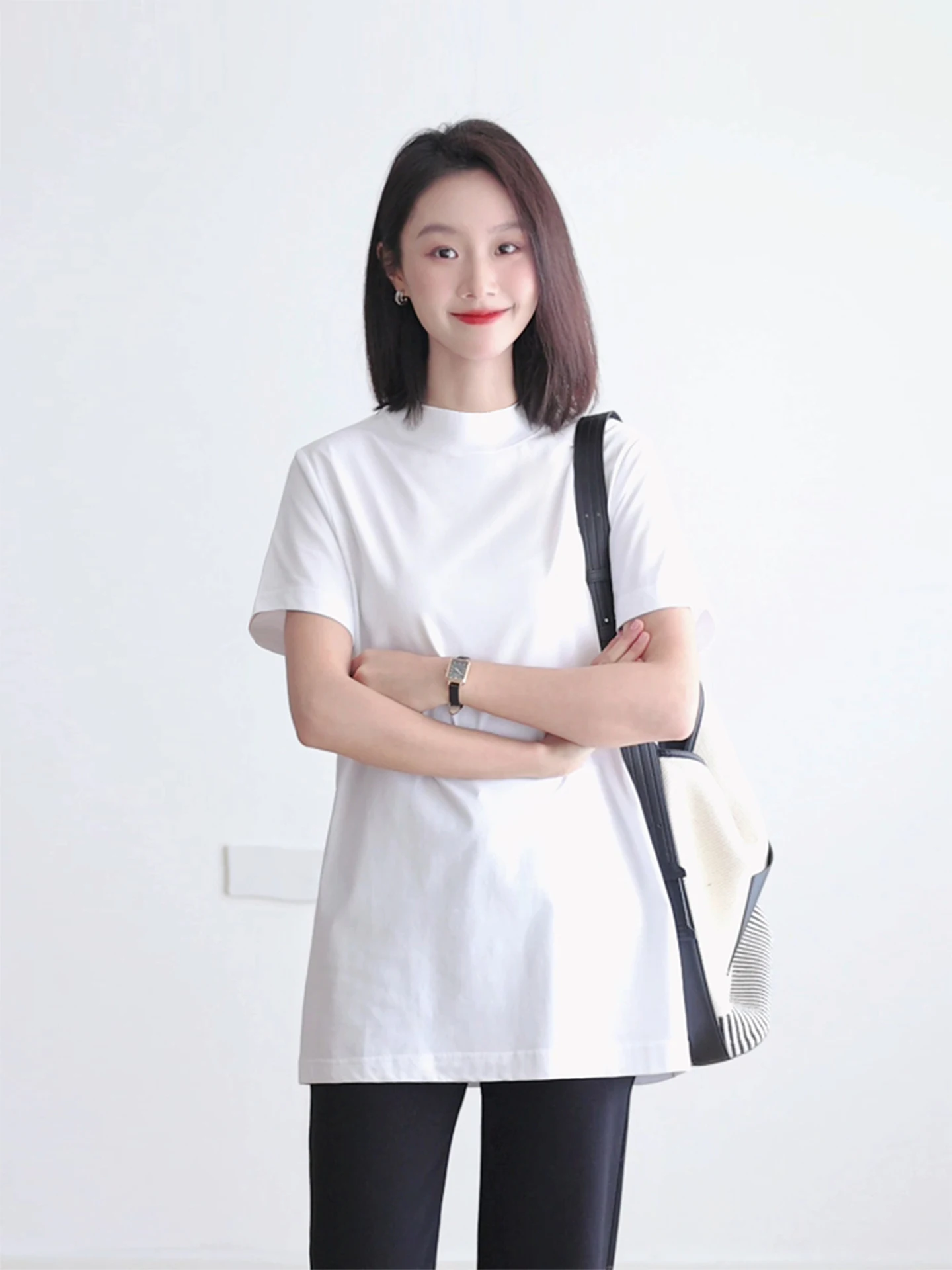 

Pure Cotton Mid-Length f-High Collar ort-Sve T-irt for Women Commute Slimming Yoga Pants Suitable Casual Wear