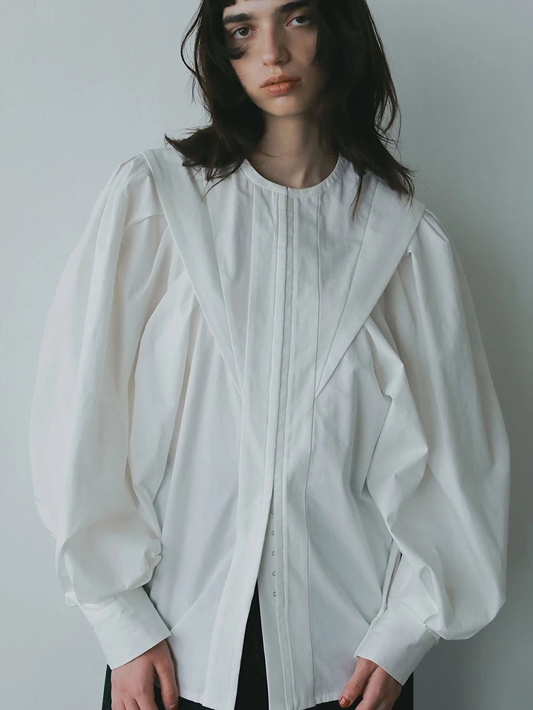 

Loose Fit Cotton Shirt Women's round Neck Lantern Sleeve Slimming Pure Color Top Chinese Manufacturer Spring Season