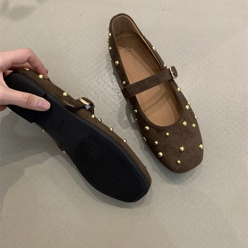 

Summer Mary Jane Shoes for Women 2026 Fashion Rivet Suede Classic Retro Casual Soft Bottom Comfortable Ladies Ballet Flats Shoes