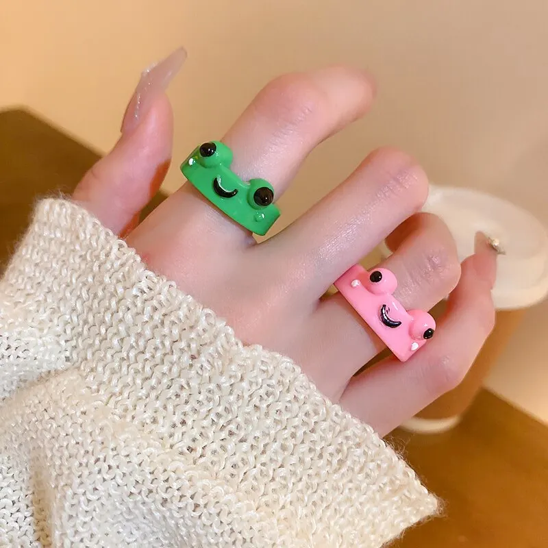 Cartoon Green Pink Frog Rings Display Boxes Cute Acrylic Animal Rings Summer Finger Jewelry Gifts For Couple Best Friends